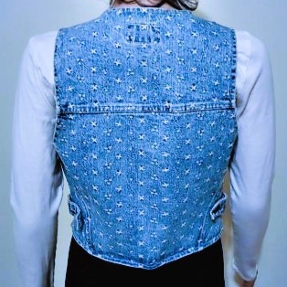 VITAGE BREAKER EMBROIDERED WHITE FLORAL LIGHT DENIM VEST SIZE SMALL - Picture 5 of 9